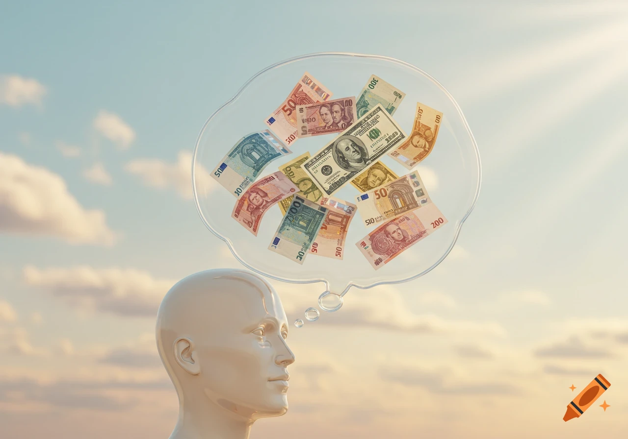 A side profile of a minimalist head looking at a thought bubble filled with various currencies against a sky background.