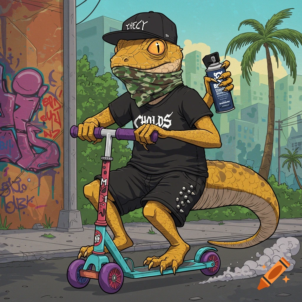 A stylized lizard in cholos attire, wearing a black shirt, shorts, and a backwards hat, riding a colorful scooter down a city street with graffiti walls and palm trees, holding a spray can.