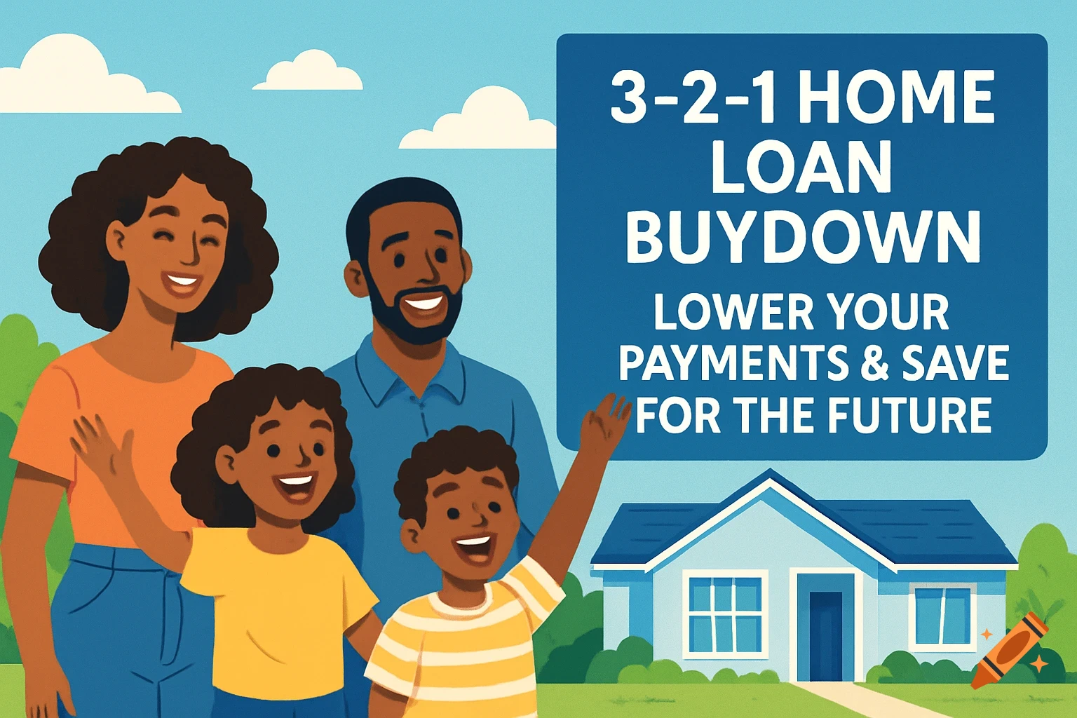 A happy diverse family stands in front of a suburban home under a blue sky, with a blue text box promoting a '3-2-1 Home Loan Buydown'. Illustrated.