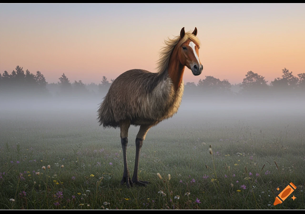 A creature with a horse head and an emu body stands in a misty field at sunrise.