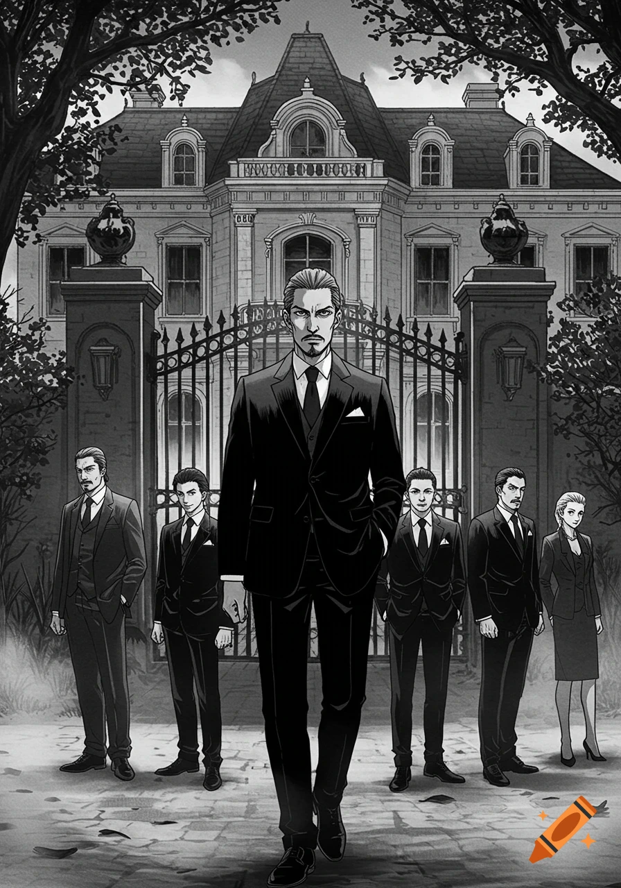 Anime-style black and white illustration of a suited man walking toward the viewer, with five other individuals and a grand mansion behind him.