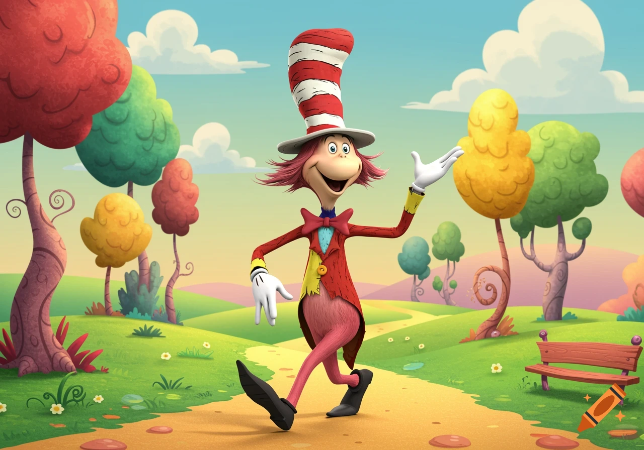 A happy Dr. Seuss-like character with a red and white striped hat and red coat walks on a path in a whimsical, colorful cartoon landscape.