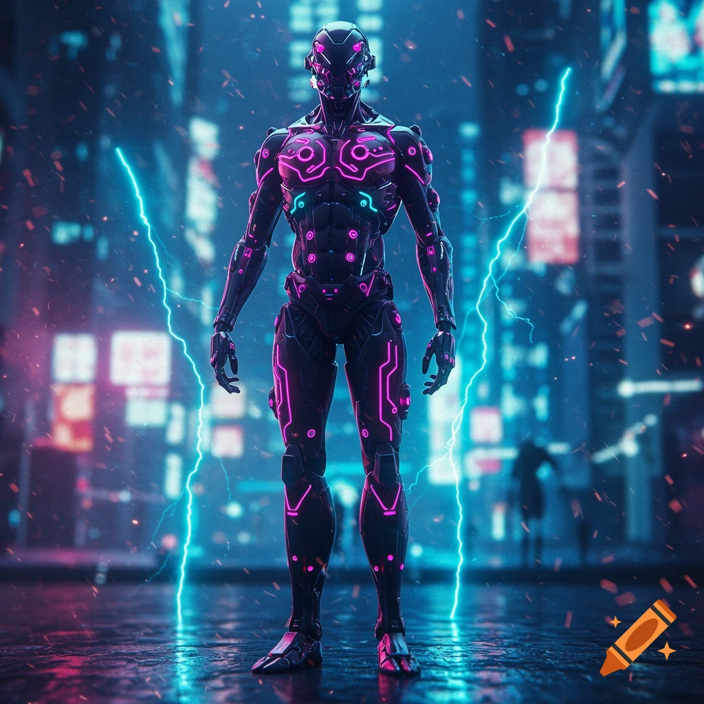 A full figure humanoid warrior robot with glowing pink and blue lights stands in a cyberpunk city with neon lightning.
