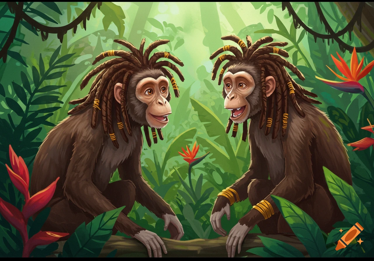 Two cartoon monkeys with dreadlocks in a lush green jungle.