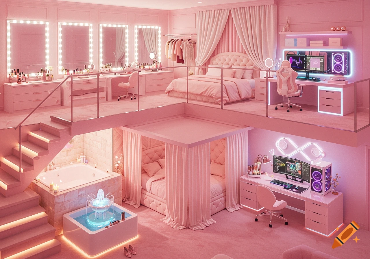 A luxurious multi-level pink room featuring a bedroom, makeup area, gaming setup with two monitors, and a mini spa with a bathtub and fountain.