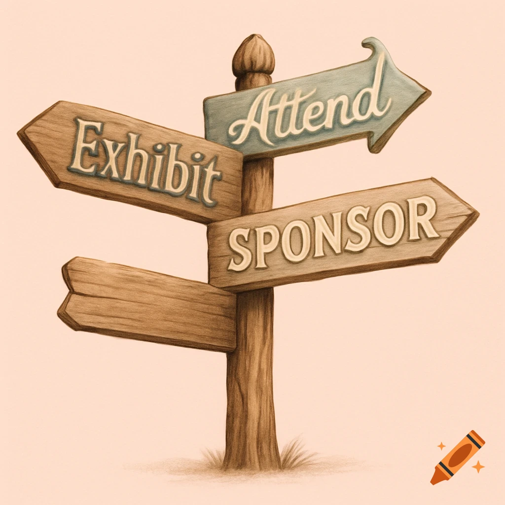 A wooden sign post with three signs pointing in different directions, reading 'Exhibit', 'Attend', and 'Sponsor', on a pale pink background.