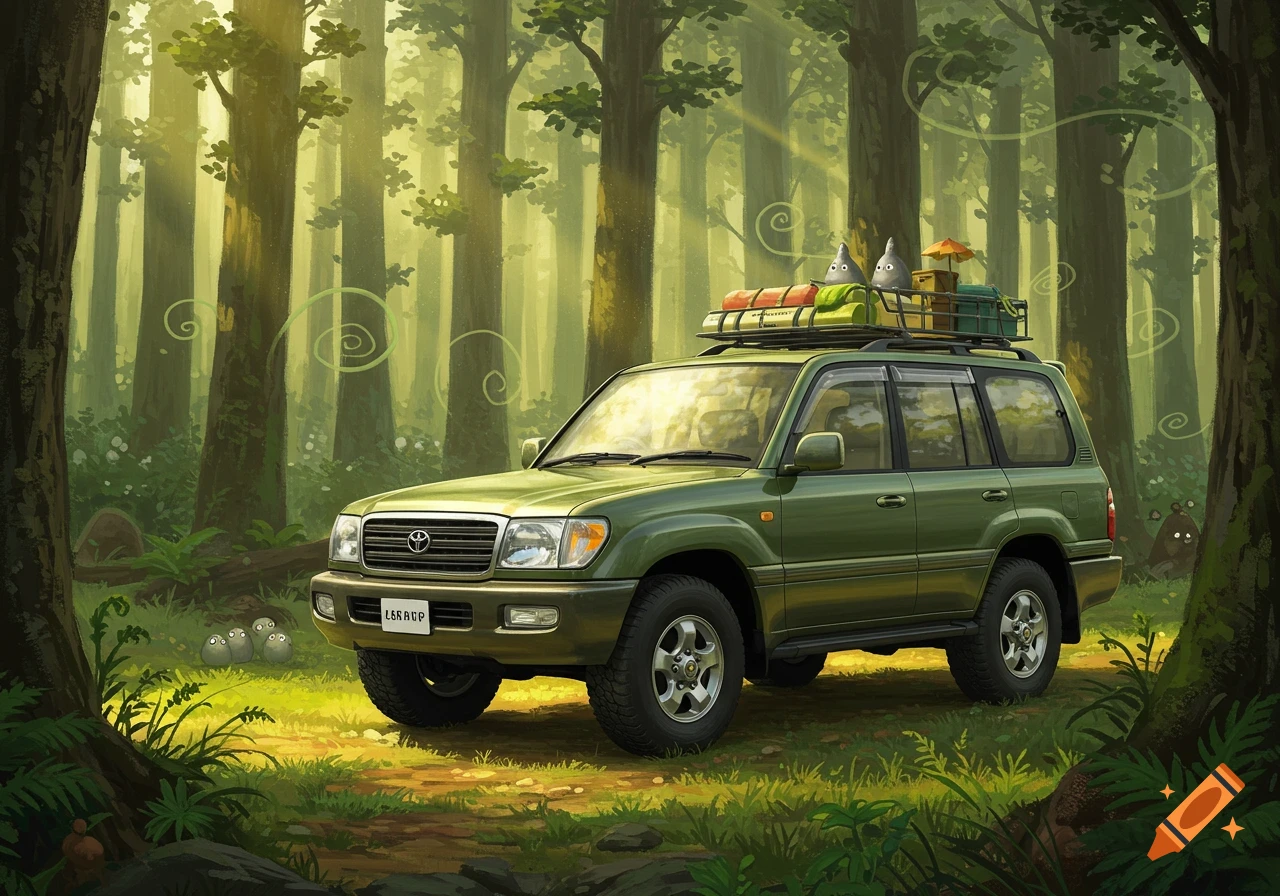 A green Toyota Land Cruiser 100 series parked in a sunlit forest, surrounded by trees and small creatures, in Studio Ghibli style.