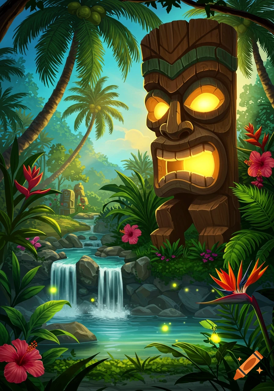 Vibrant stylized illustration of a glowing tiki statue in a lush tropical jungle with waterfalls and exotic flowers.