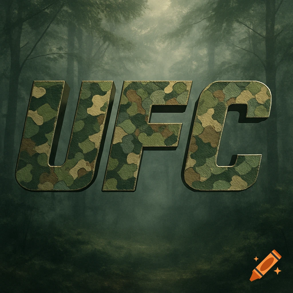 3D letters 'UFC' in camouflage pattern against a misty, dark forest background.