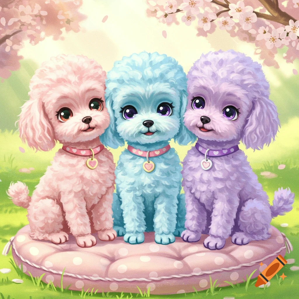 Cute cartoon of three colorful poodle dogs, pink, blue, and purple, sitting on a pink polka-dotted cushion under cherry blossoms.