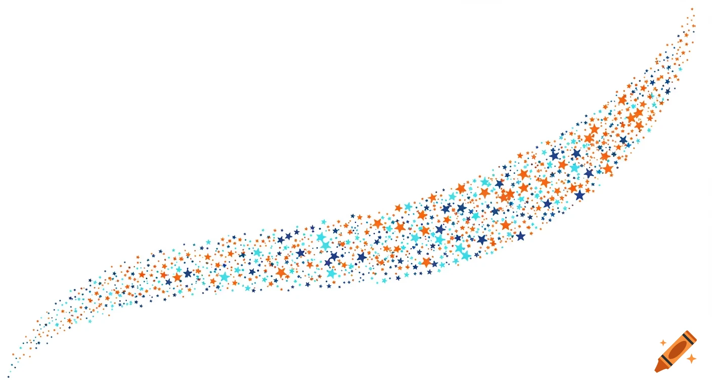 A curved swath of small and medium blue, turquoise, and orange stars on a white background, appearing to sweep upwards.
