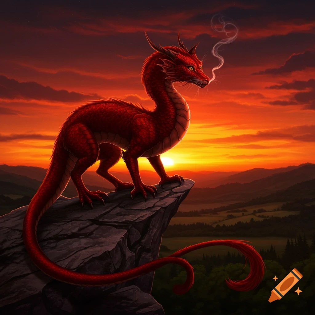 A vibrant red drake with catlike features stands on a rocky cliff overlooking a valley at sunset, smoke curling from its snout.