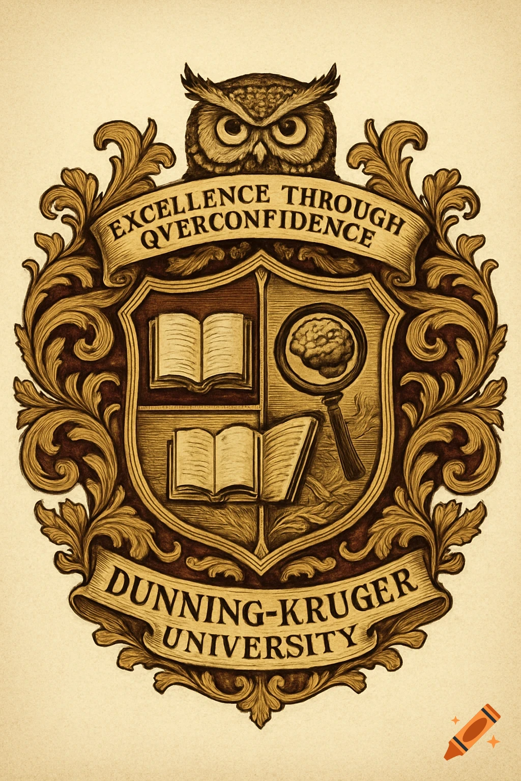 An ornate vintage university crest with an owl, books, a brain, and the text 'EXCELLENCE THROUGH OVERCONFIDENCE' and 'DUNNING-KRUGER UNIVERSITY'.