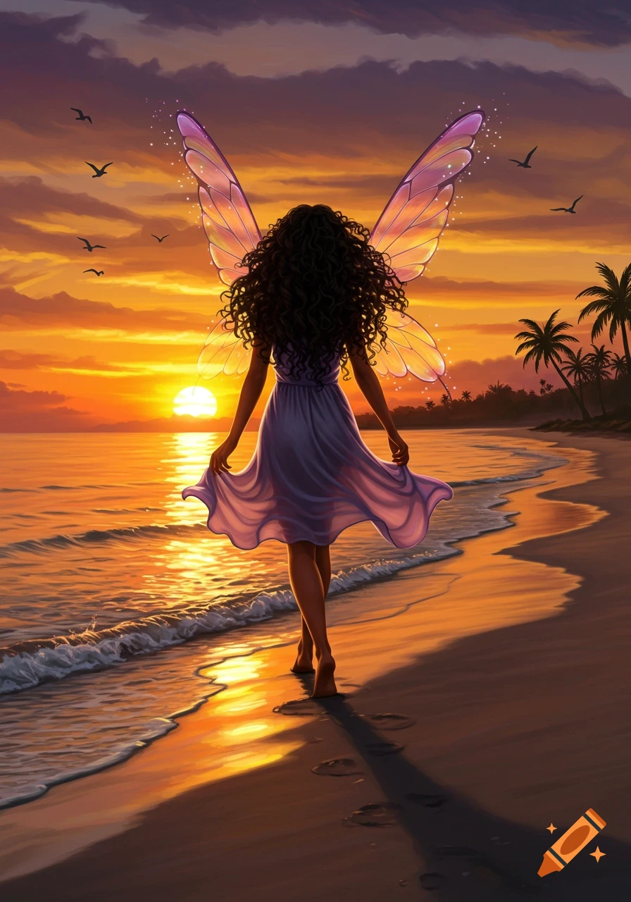 A fairy with long dark curly hair and iridescent wings walks along a beach at sunset, with the sun low over the water.