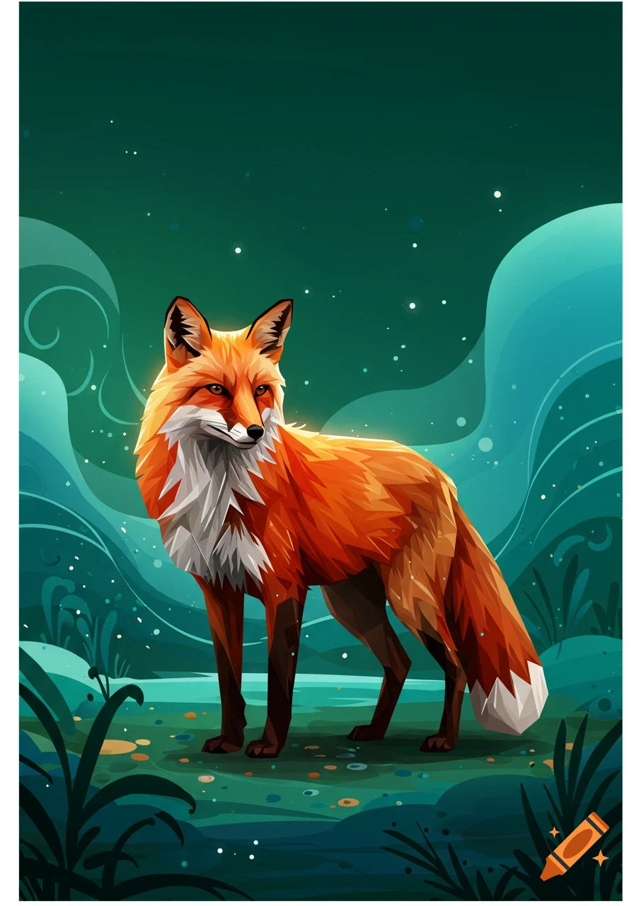 A stylized orange and white fox stands in a dark green, star-dappled forest with swirling abstract plants.