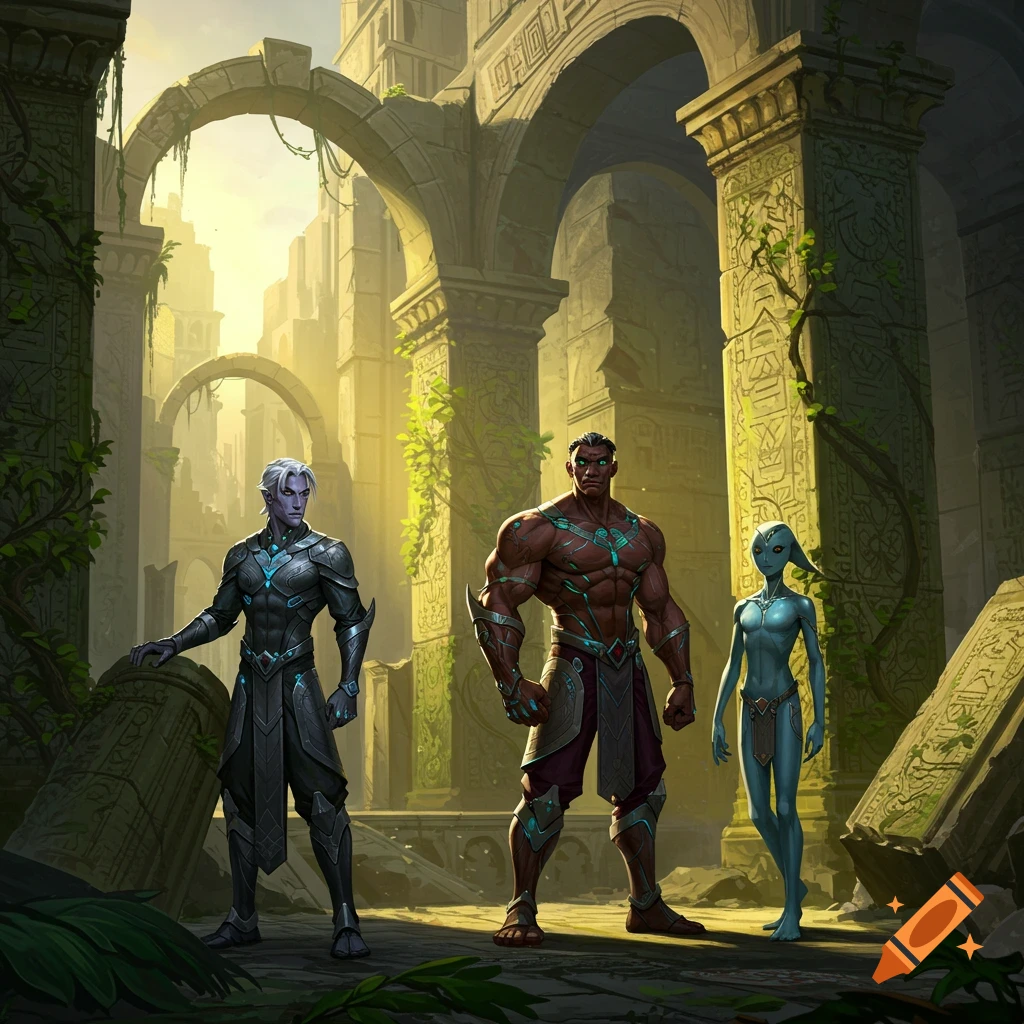 Three fantasy characters, including a muscular man, an armored figure, and a blue alien, stand in the overgrown ruins of an ancient city.