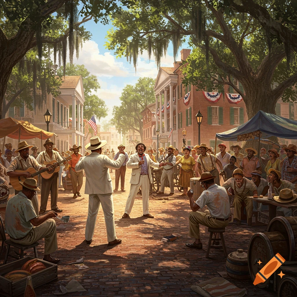 A vibrant, detailed illustration of a lively outdoor street festival with people singing, playing music, and dancing under Spanish moss-draped trees in a historical town square.
