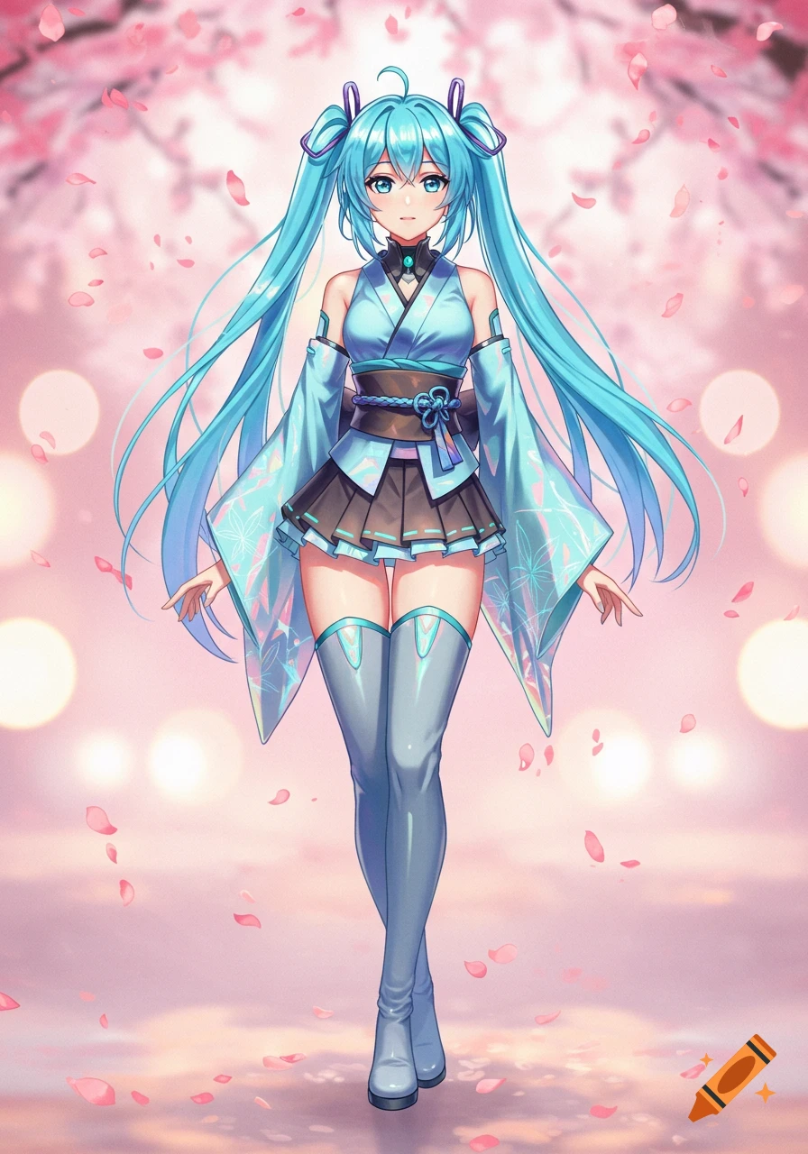Anime girl with long blue pigtails in a blue kimono-style outfit, surrounded by falling pink cherry blossoms.