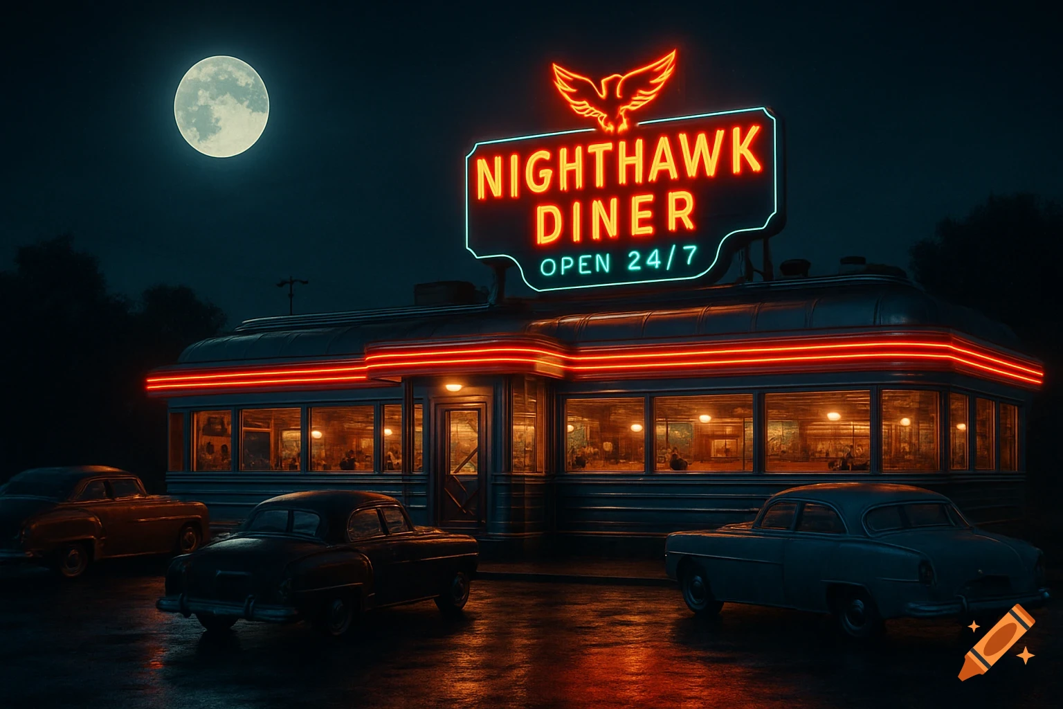 A retro diner with neon signs reading 'Nighthawk Diner Open 24/7' at night, with classic cars parked outside under a full moon.