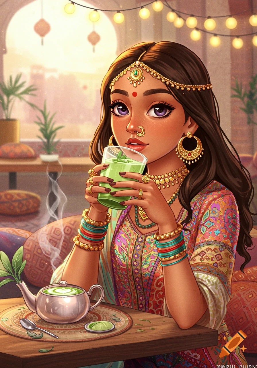 A cartoon illustration of an Indian girl in traditional jewelry and colorful attire, sipping matcha tea in a warm cafe.