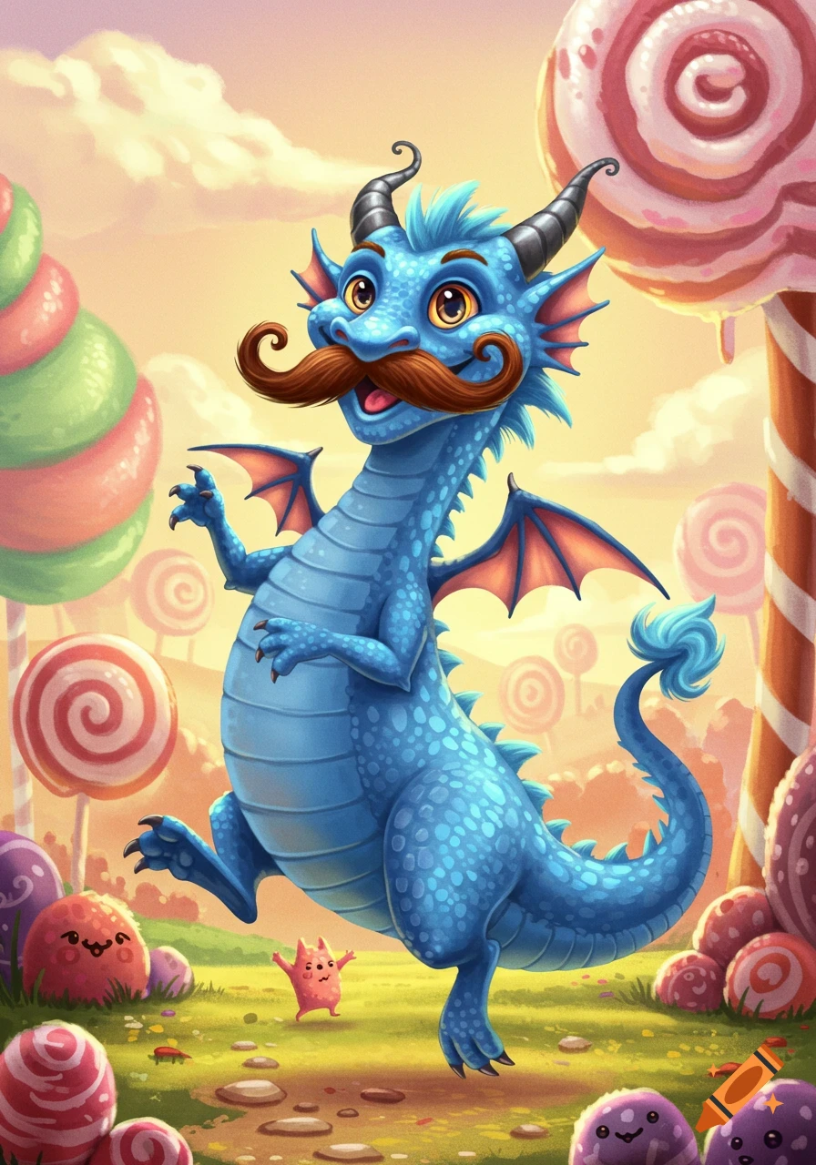 A silly blue cartoon dragon with a large mustache walks happily through a vibrant candy land filled with giant lollipops.