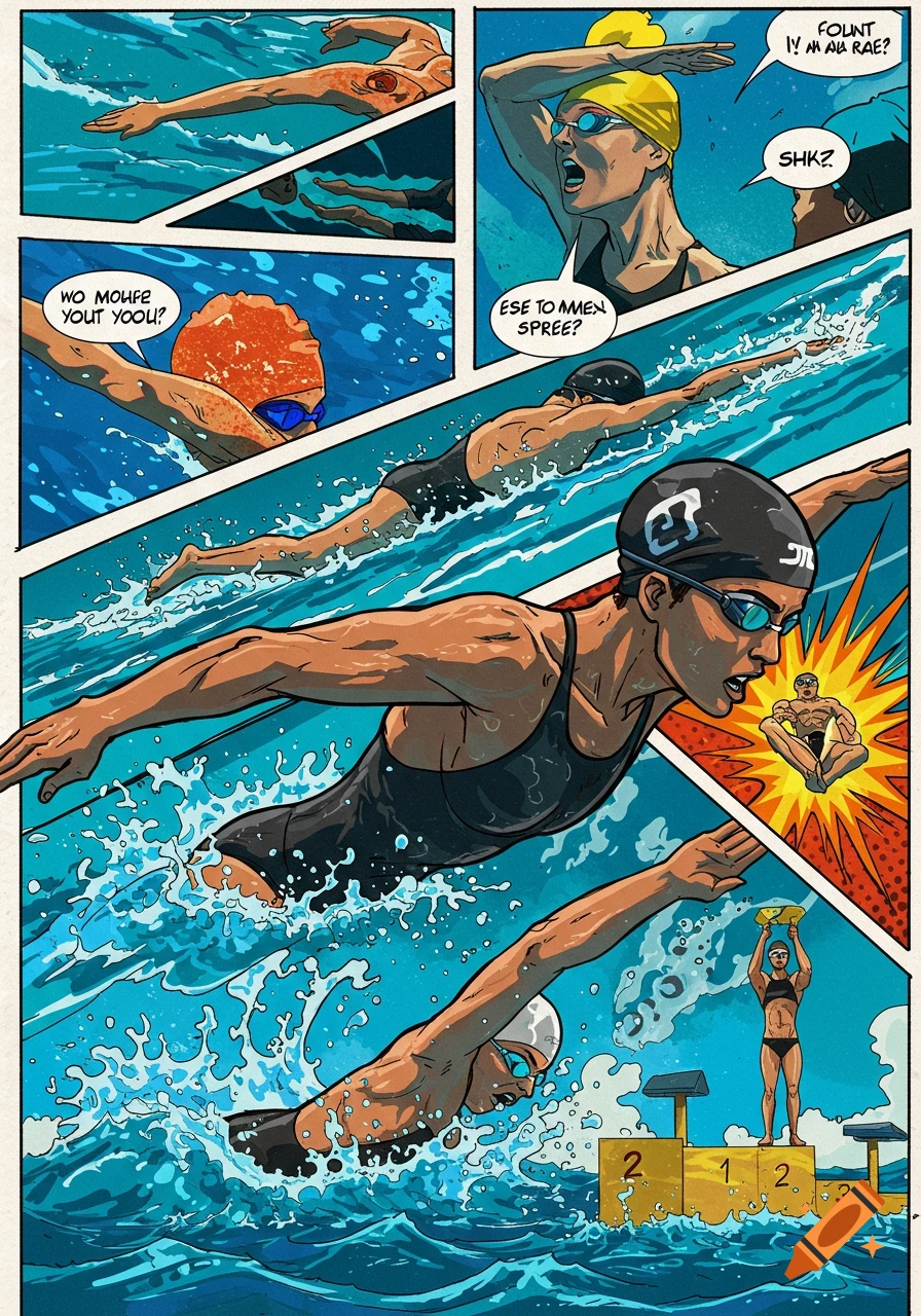 A comic book panel showing multiple swimmers in a race, with speech bubbles and a winner on a podium.