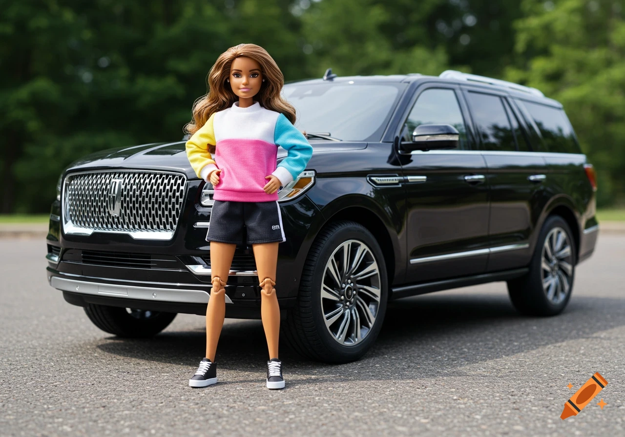 A fashionable Barbie doll in athletic wear stands confidently in front of a black Lincoln Navigator SUV.