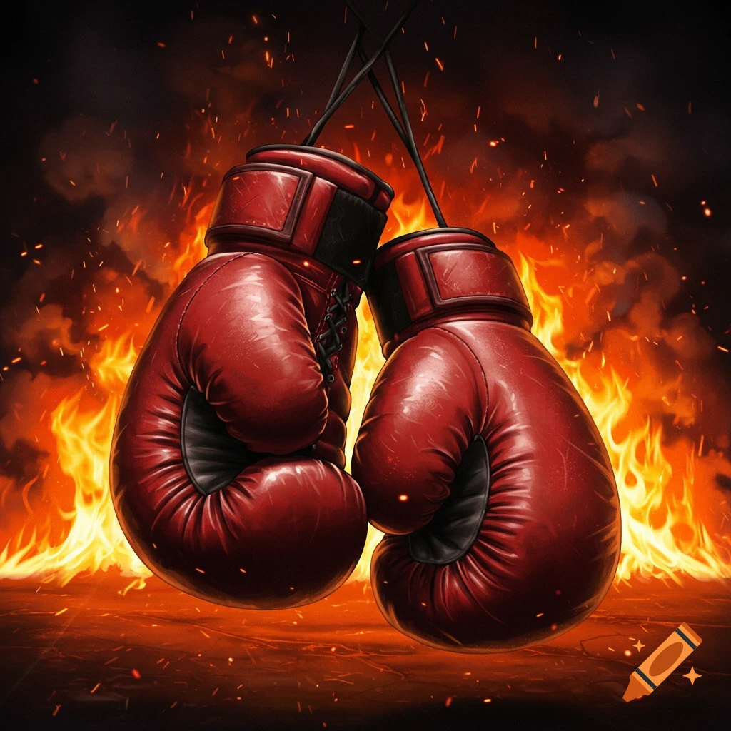 Two red boxing gloves hanging against a dramatic background of intense fire and sparks, blending realistic and stylized elements.