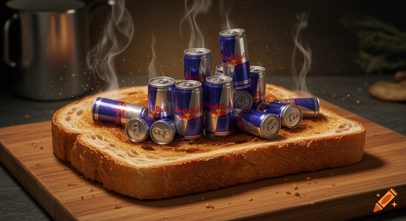 Mini Red Bull cans are piled on a slice of toasted bread on a wooden board, with steam and crumbs rising.