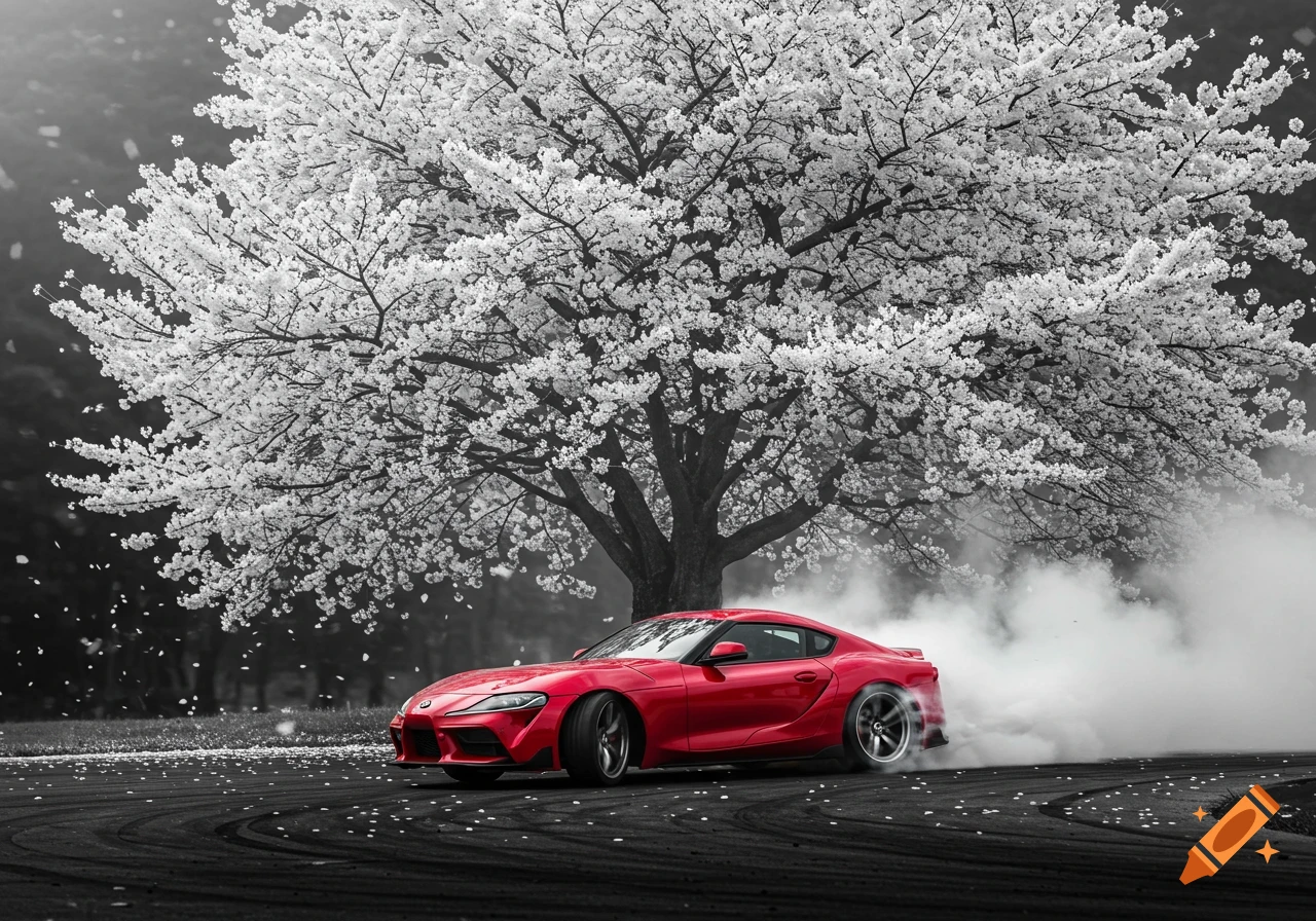 A red Toyota Supra sports car drifts, creating smoke, under a beautiful white cherry blossom tree on a dark track.