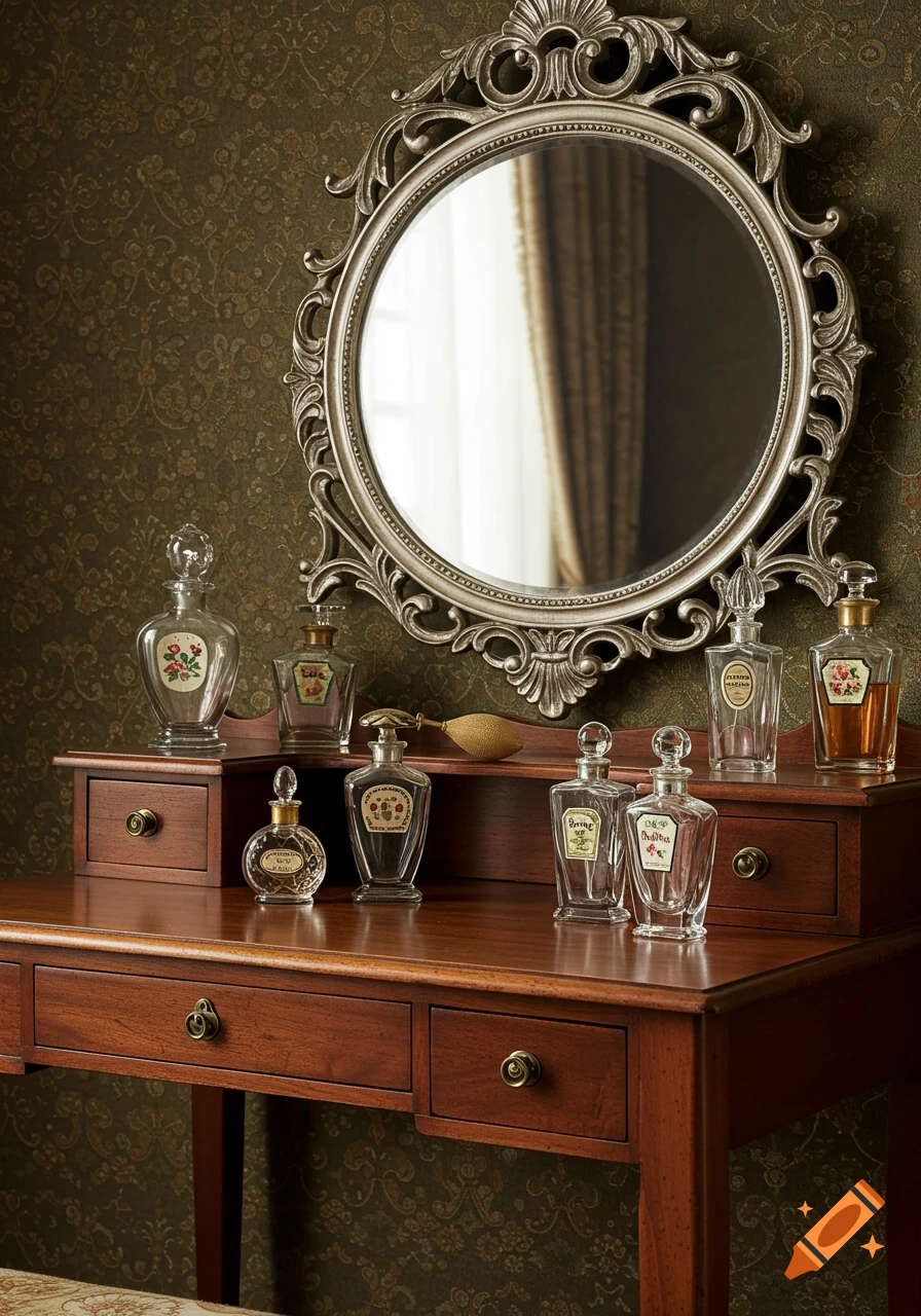 Vintage dressing table with an ornate silver mirror and antique perfume bottles.