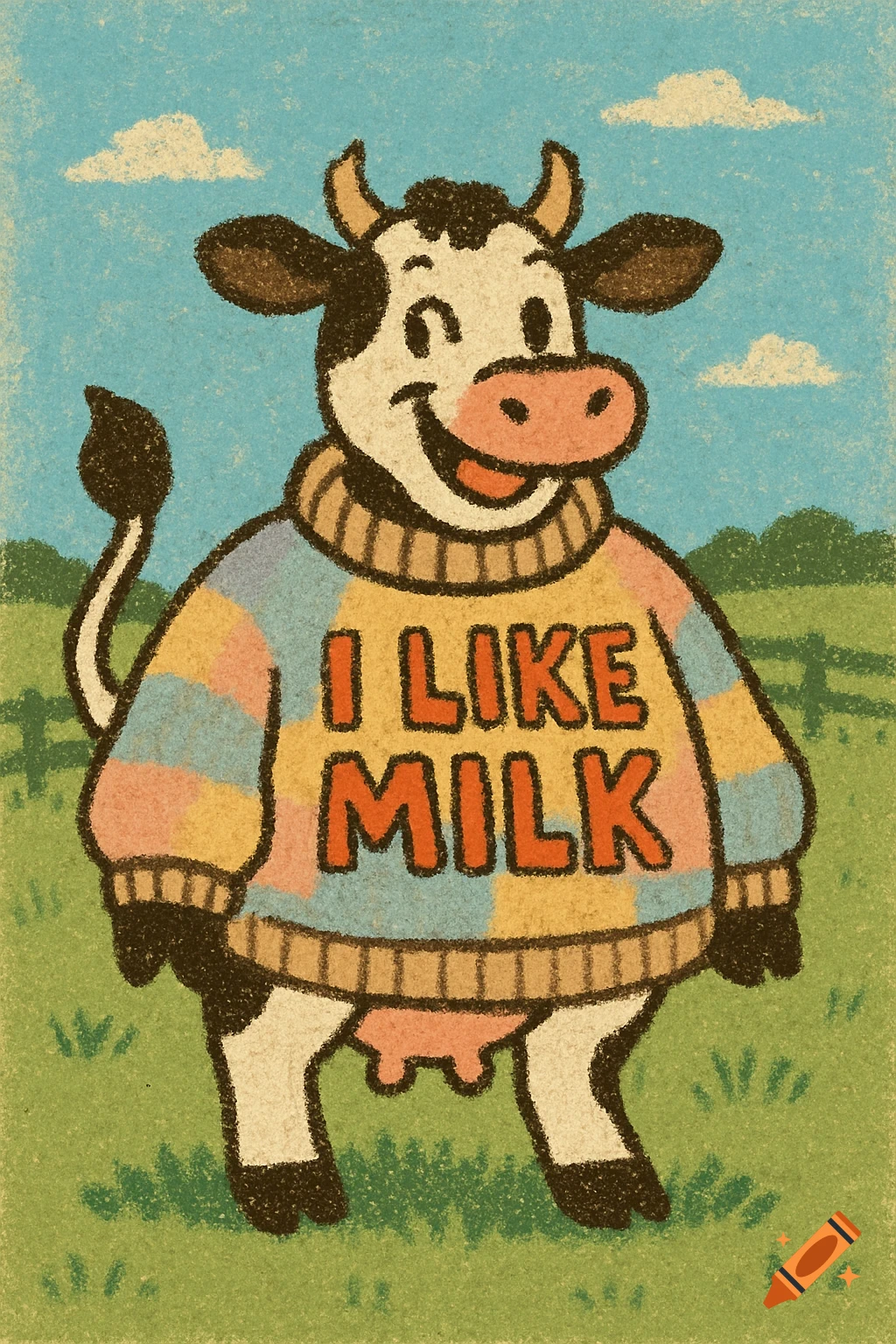 A smiling cartoon cow wearing a colorful patchwork sweater that says 'I LIKE MILK' stands in a grassy field under a blue sky.