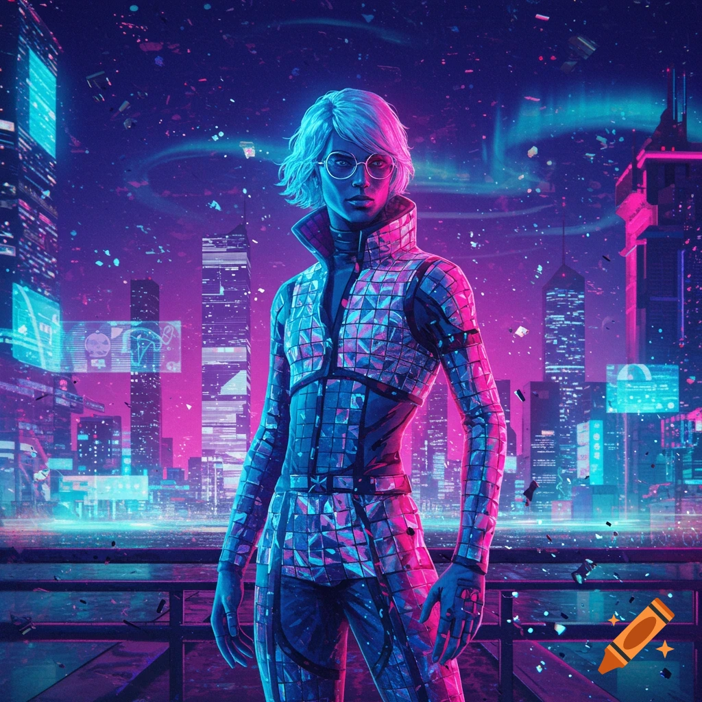 A person in a reflective, futuristic suit and round glasses stands in a neon-lit cyberpunk city at night.