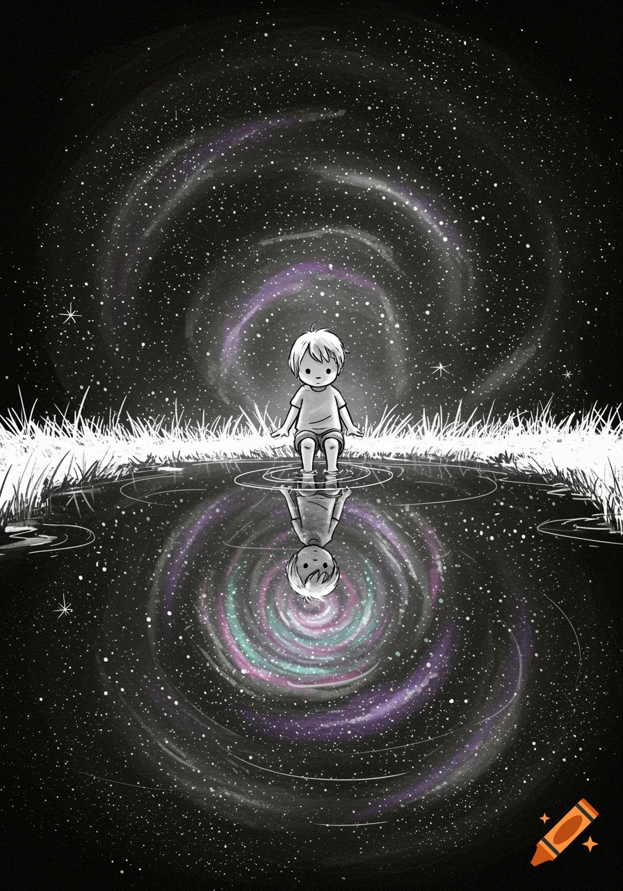 A minimalistic drawing of a child sitting in a puddle that reflects a swirling galaxy, with a starry night sky above.