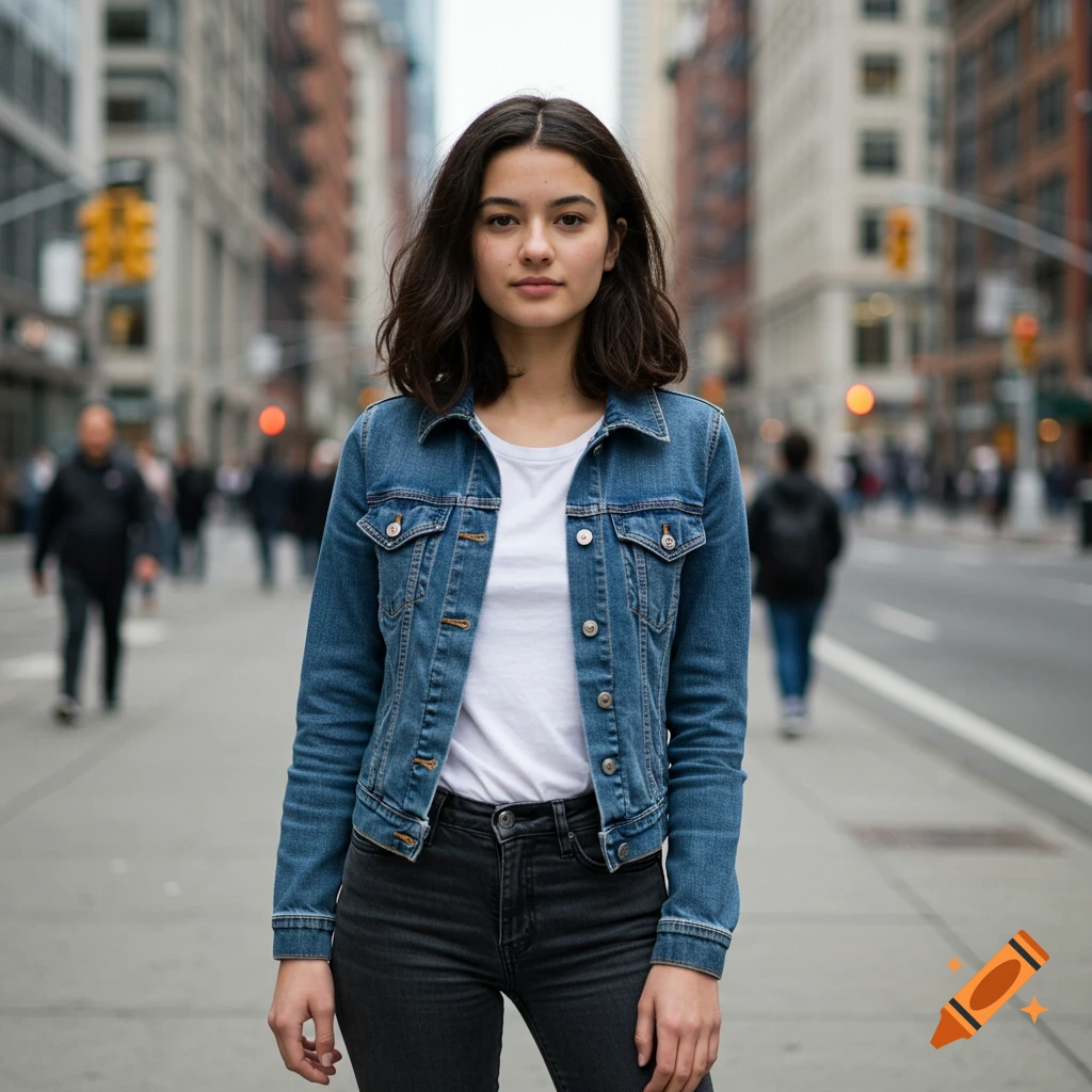A young woman in a denim jacket and dark jeans stands on a city sidewalk with blurred buildings and people in the background.