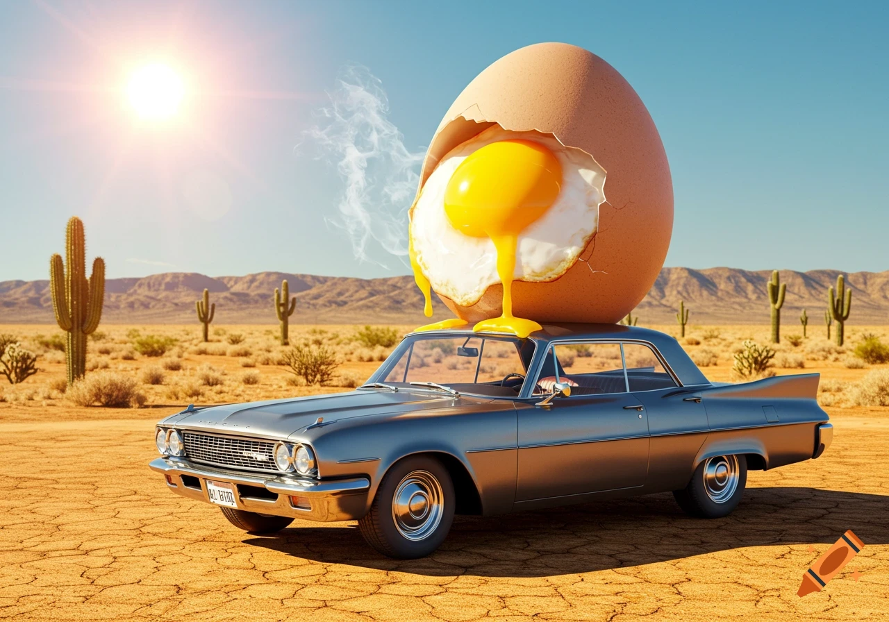 A classic car in a desert with a giant cracked egg on its roof, steaming in the intense sun. Cacti and mountains are in the background.