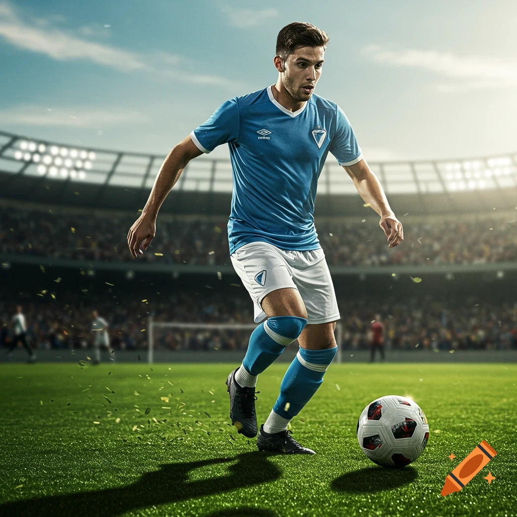 Photorealistic image of a male soccer player in a blue and white uniform dribbling a ball on a green field in a stadium.