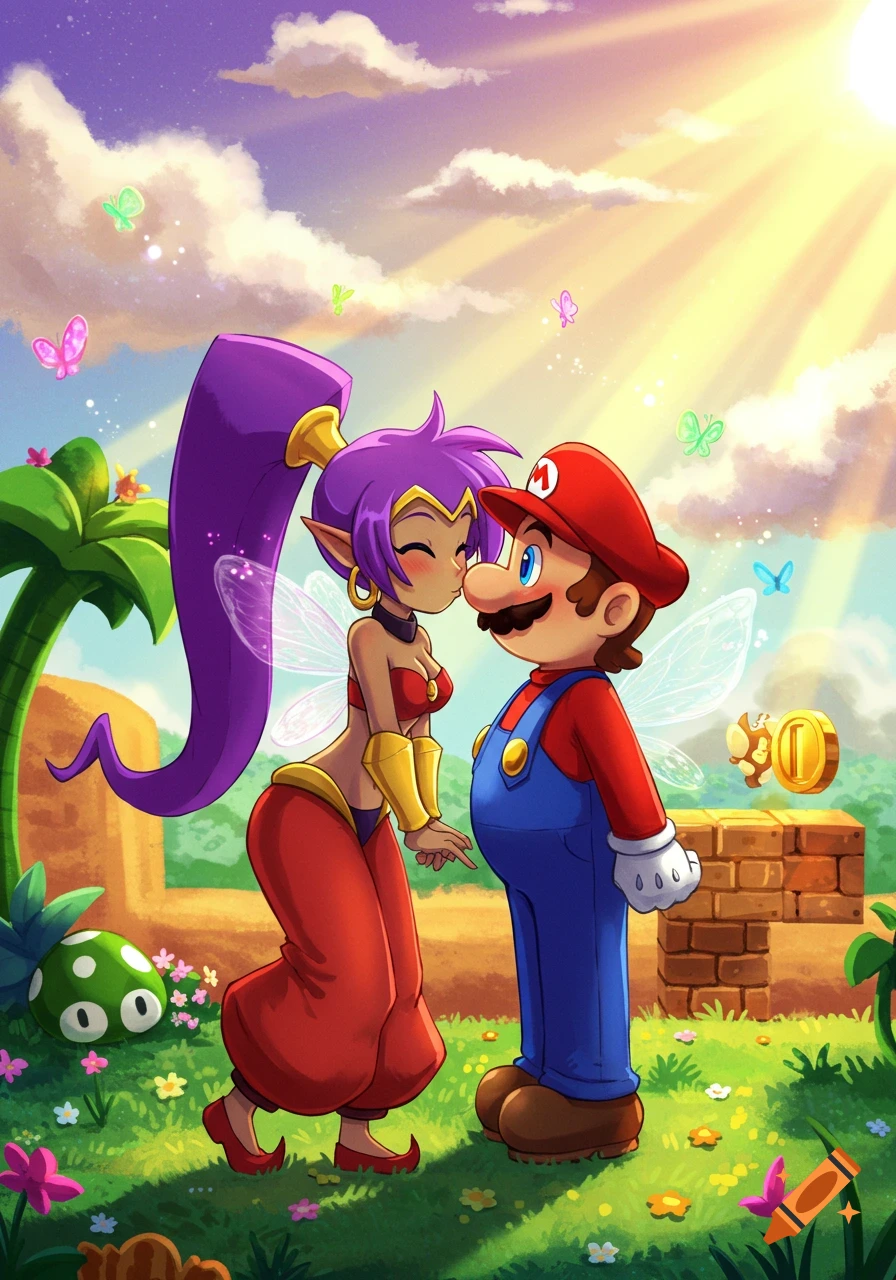 Shantae and Mario kiss in a vibrant, sunny landscape with butterflies and video game elements, in an illustrated style.