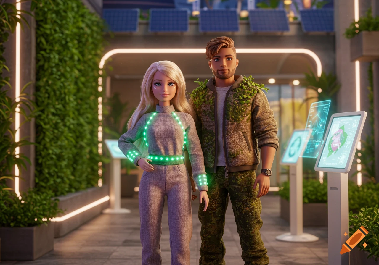 A smiling Barbie doll with glowing green accents on her outfit stands next to a bearded Ken doll wearing foliage-covered clothing in a modern, green urban setting with solar panels and holographic screens.