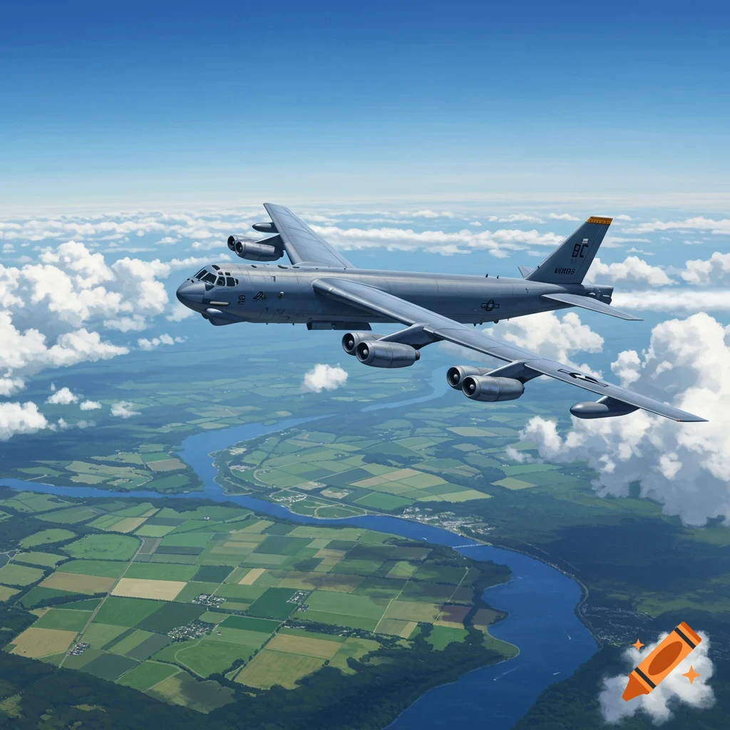 A large grey B-52 bomber aircraft flies high above a landscape of green fields and a winding river under a clear blue sky with scattered white clouds.