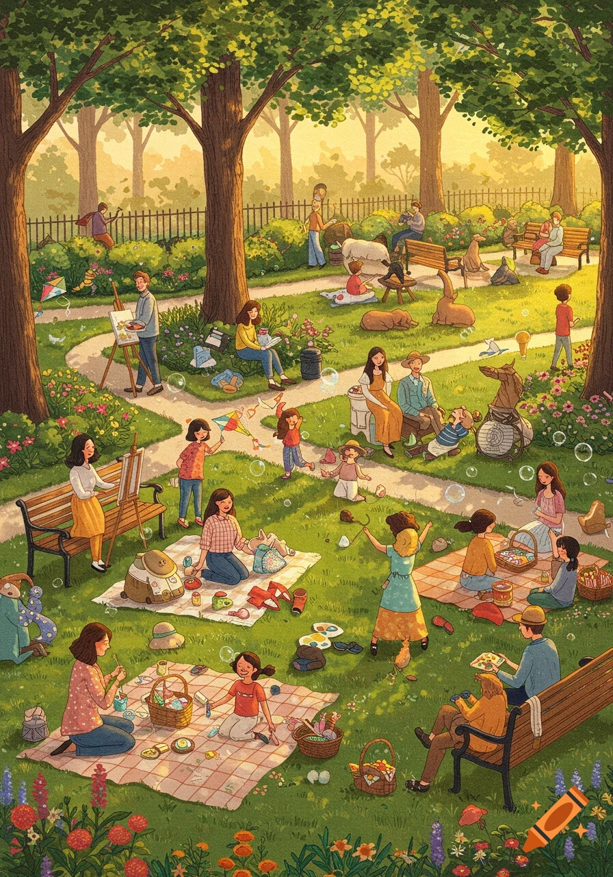 A detailed illustration of a bustling, sunny park with diverse people picnicking, painting, playing, and relaxing under large trees.
