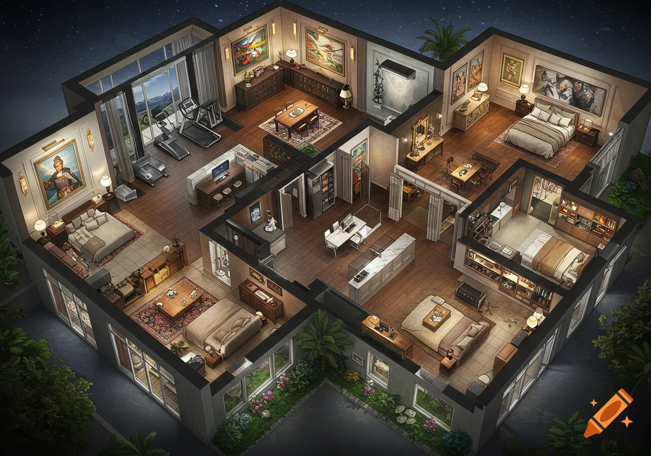 Isometric illustration of a luxurious multi-room house floor plan at night, featuring a gym, bedrooms, kitchen, and more.