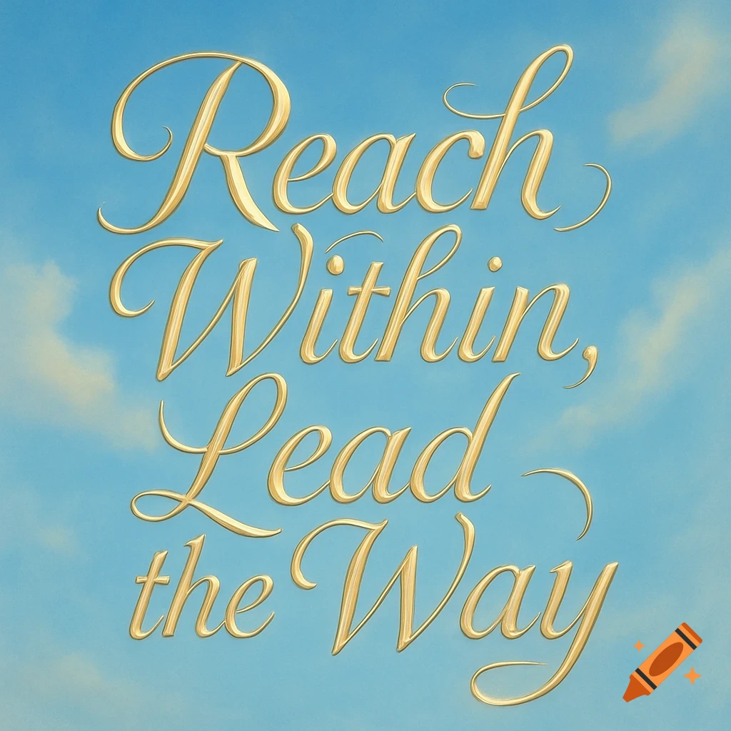 Gold cursive text 'Reach Within, Lead the Way' against a blue sky with soft clouds.