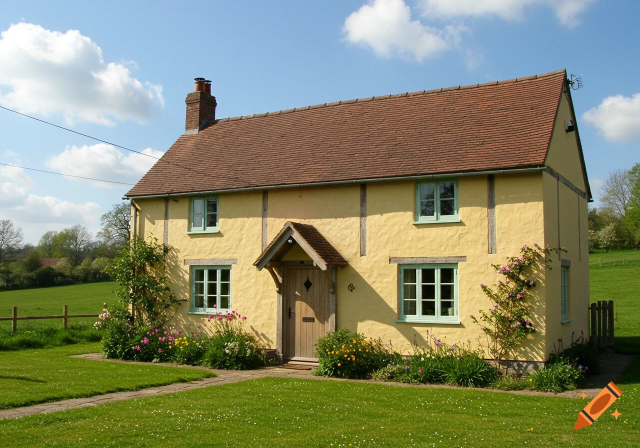A sunny photorealistic image of a traditional primrose yellow country cottage with a brown roof and green window frames, surrounded by a green lawn and colorful flowers, under a blue sky.