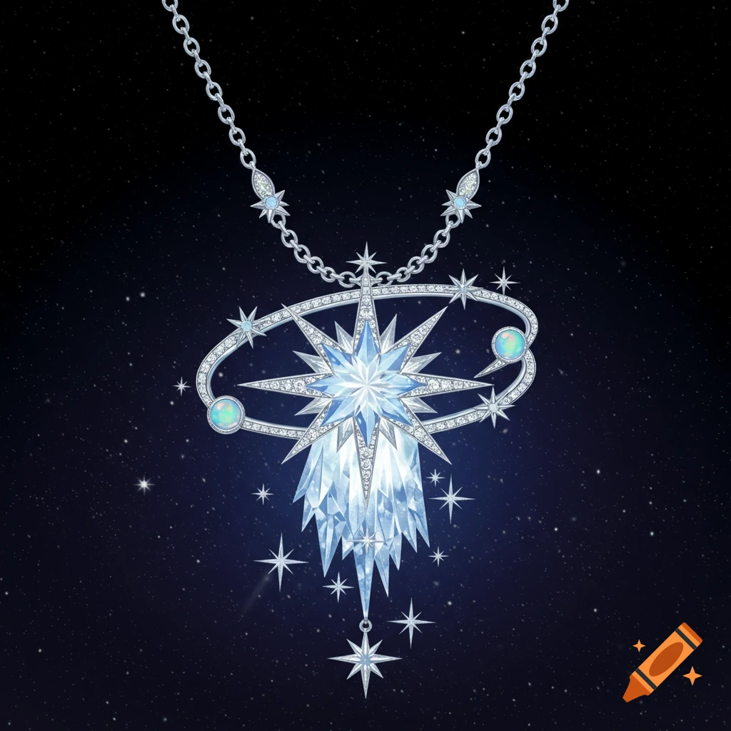 A silver necklace with a large, sparkling star-shaped diamond pendant and smaller gem accents against a dark, starry background.