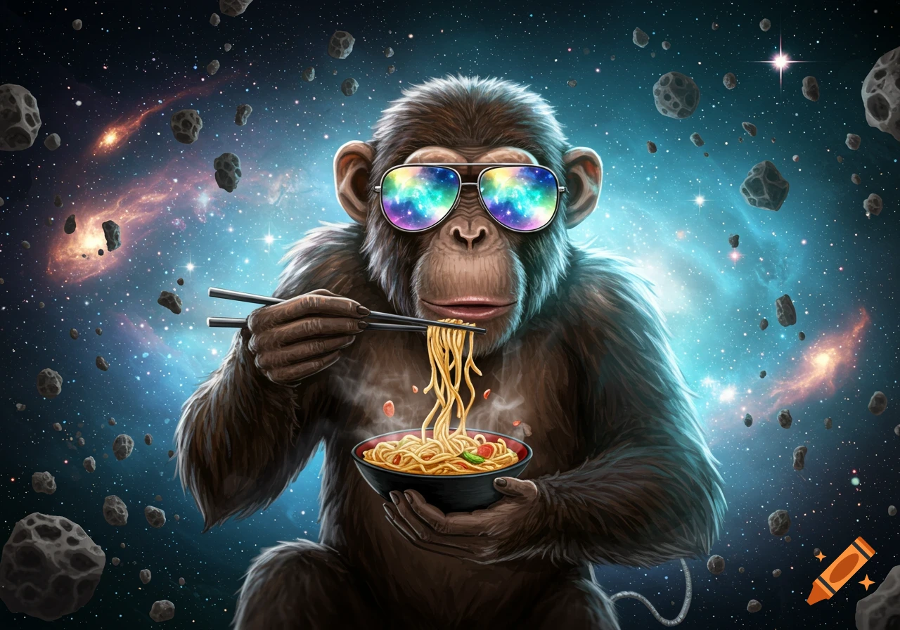 A chimpanzee wearing rainbow reflective sunglasses eats noodles with chopsticks in a galaxy filled with asteroids.