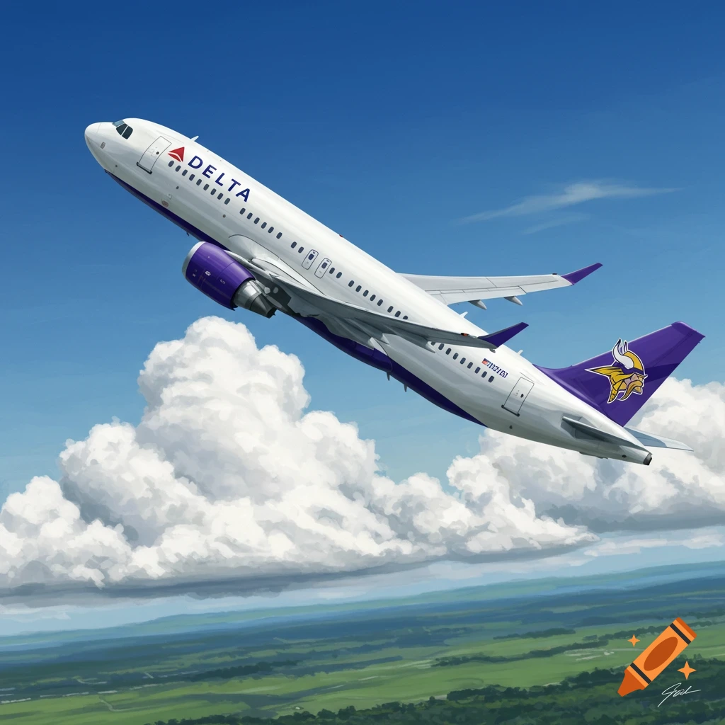 A white Delta airplane with purple engines and tail featuring a Minnesota Vikings logo, flying over green landscape under a blue sky with white clouds.