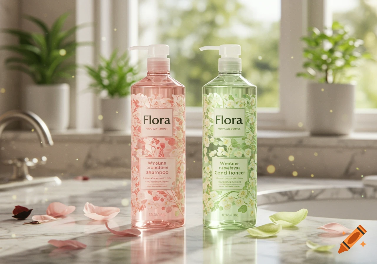 A photorealistic image of two shampoo and conditioner bottles, one pink and one green, on a marble counter with flower petals.