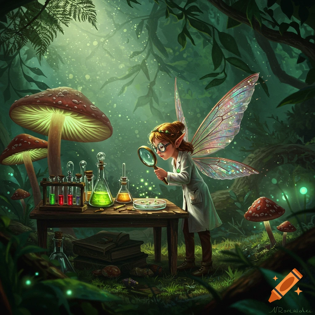 A whimsical fairy scientist in a white lab coat uses a magnifying glass to examine a petri dish on a wooden table in a glowing, lush forest with giant mushrooms.
