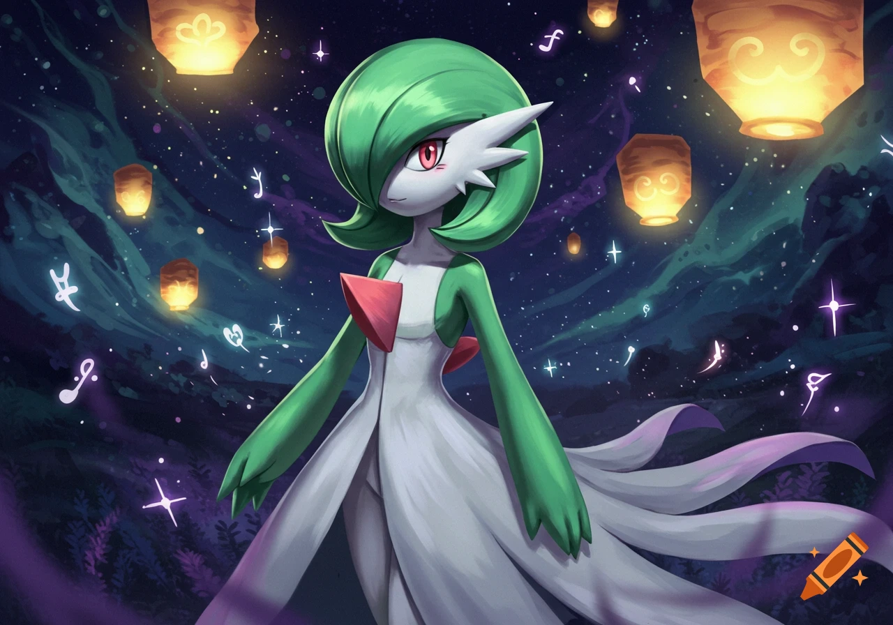 Gardevoir standing under a night sky filled with glowing lanterns, stars, and musical notes in an anime art style.
